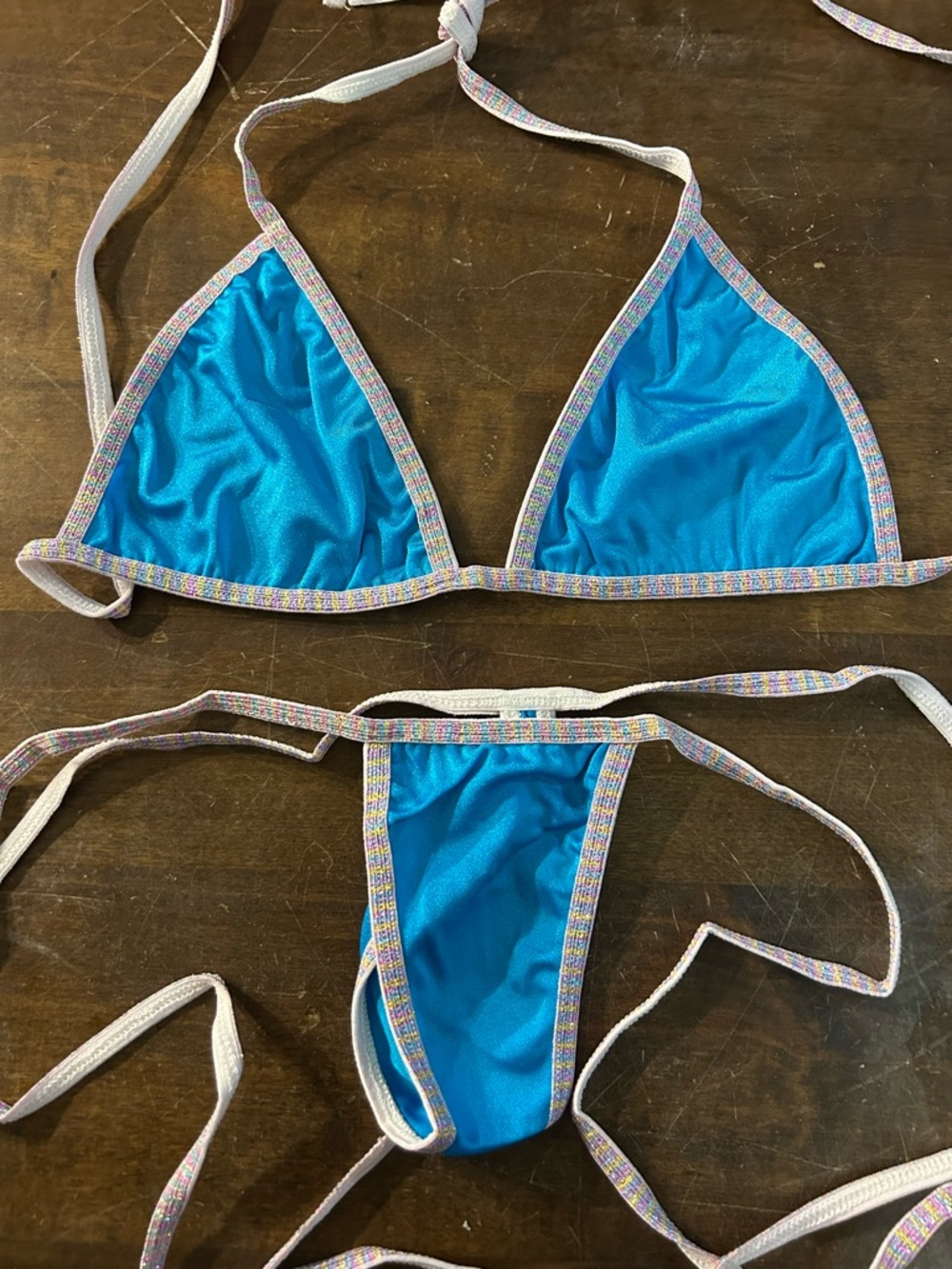 NWOT Sexy Skimpy Handmade Blue Rainbow Sparkle Triangle Top Thong Bottom Bikini